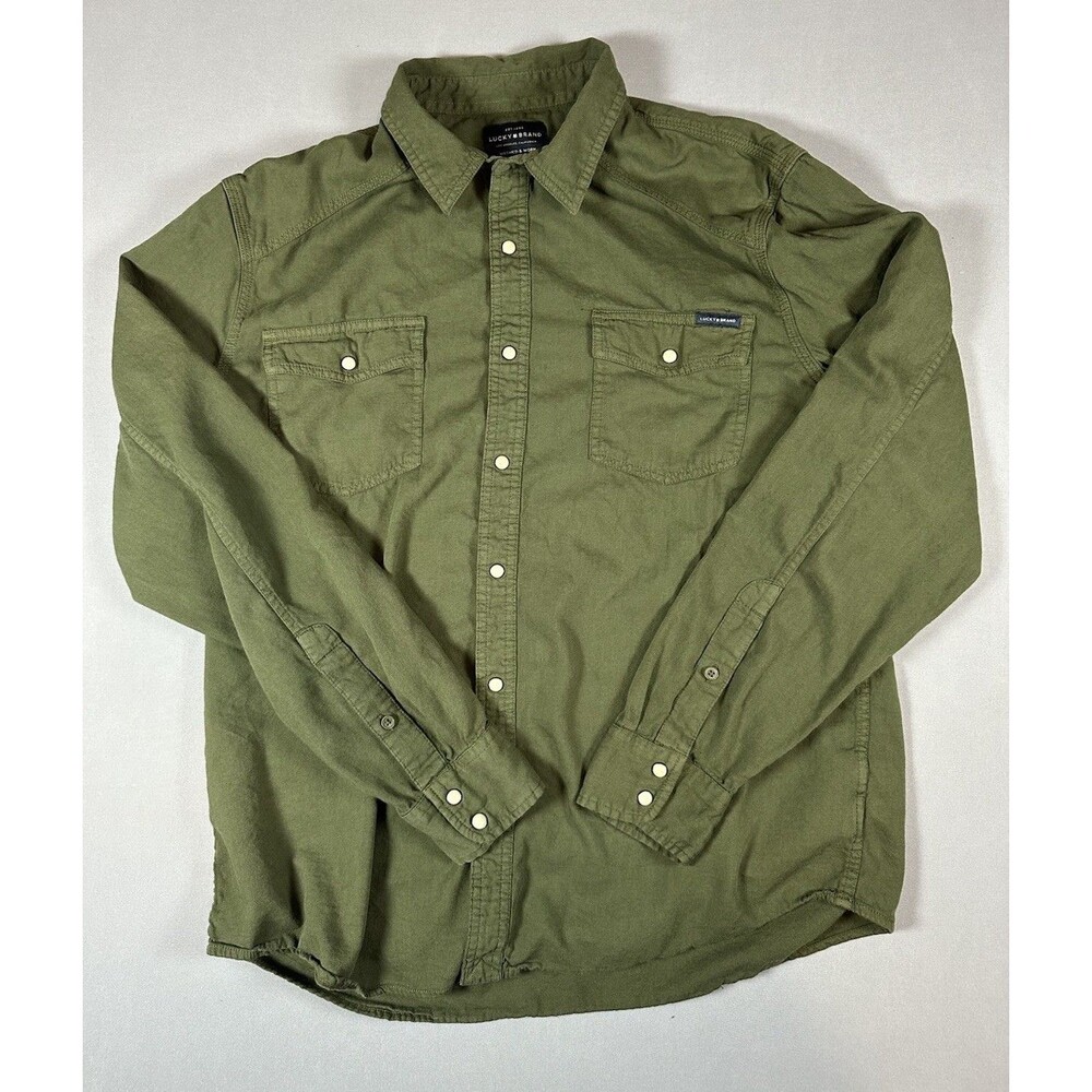 Lucky Brand Washed & Worn Mens L Regular Green Solid Woven Cotton LS Pockets